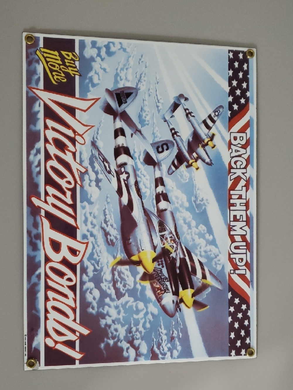 Buy More Victory Bonds! Vintage Airplane Metal Sign - Blue, White, Red